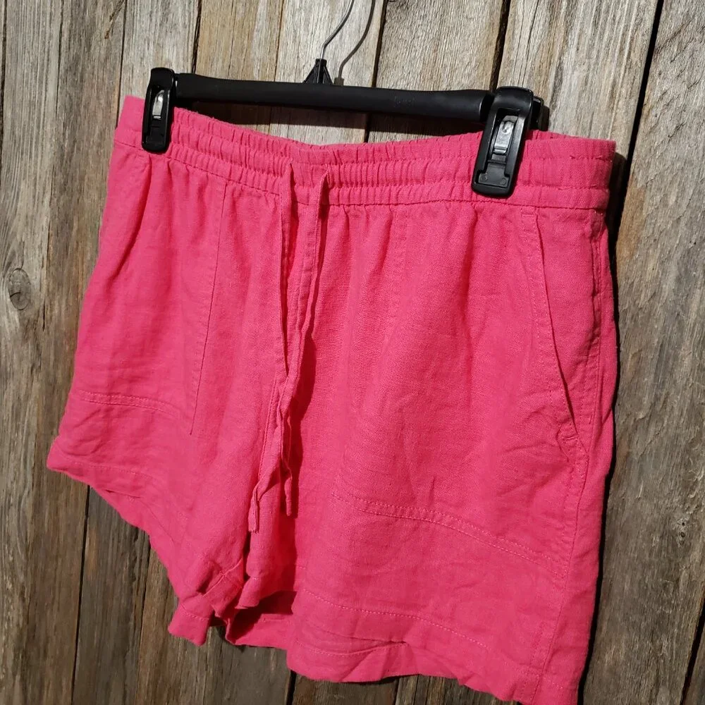 J Crew M Women's Shorts Hot Pink‎ Pull On Linen Blend Pockets Drawstring
